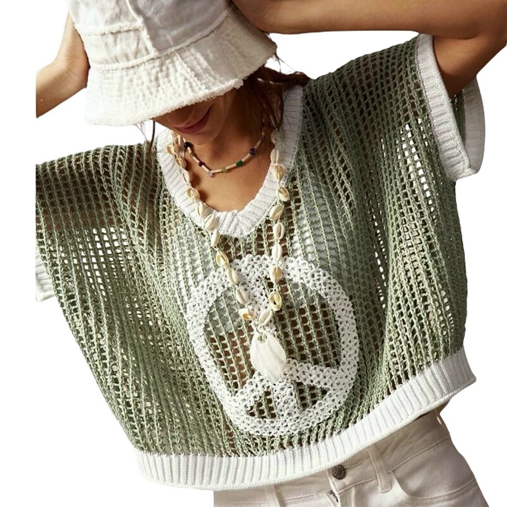 Open Crochet Oversized Peace Sign Shirt Women's Green Knit Top New w/ Tags Sz L - Picture 5 of 16